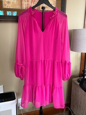 Hot Pink Tiered Ruffle V-Neck Dress